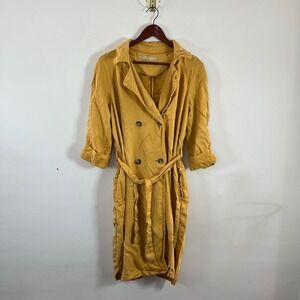 Max Jeans Trench Coat Mustard Yellow Jacket 3/4 Sleeves Tencel Size Small Spring